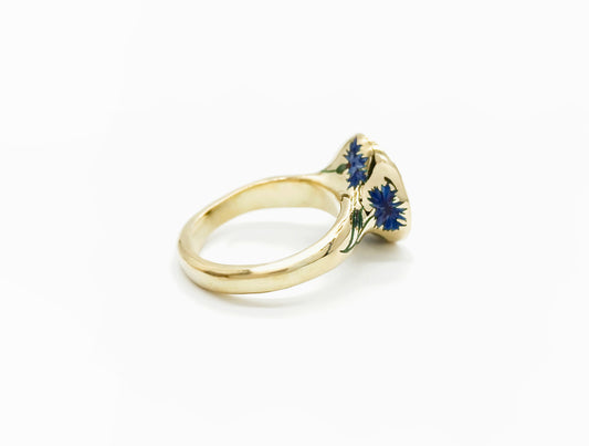 Diamond and Tanzanite Ring with Cornflower Enamelling