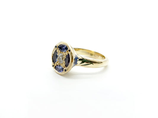 Diamond and Tanzanite Ring with Cornflower Enamelling
