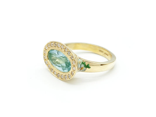 Aquamarine and Diamond Ring with Fresia Enamelling