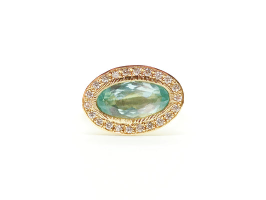 Aquamarine and Diamond Ring with Fresia Enamelling