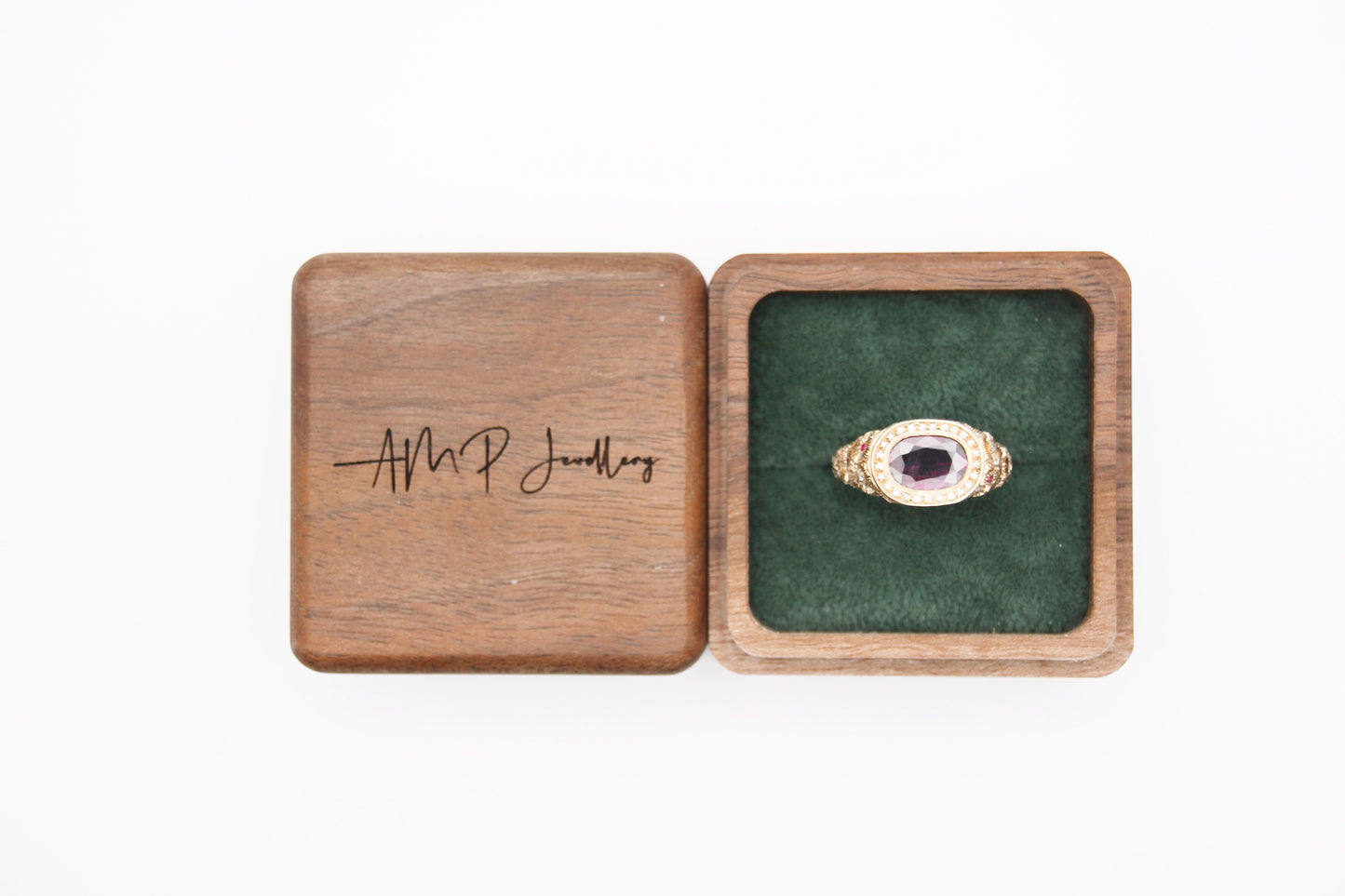 Ruby and Diamond Halo with Engraved Shoulders